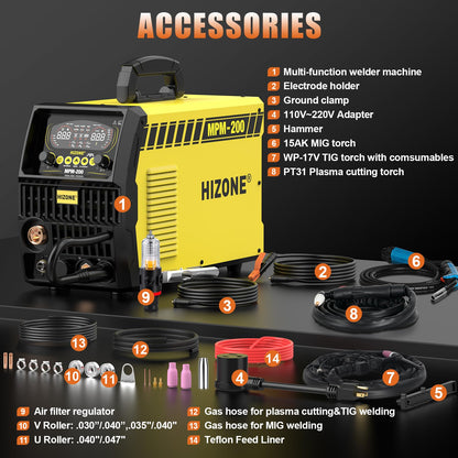HIZONE Multifunctional Welders Plasma Cutter Combo 200A，8 in 1 Multiprocess Welder Gas MIG/PULSE MIG/MAG/Flux Gasless MIG/HF TIG/Stick/CUT/SPOT MIG 110/220V Dual Voltage Aluminum Welding Machine