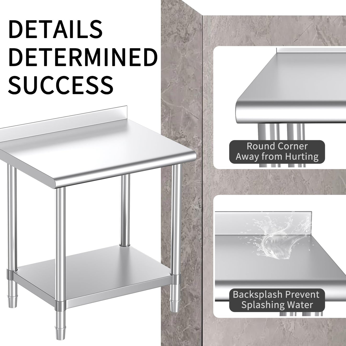 Mioleu Stainless Steel Table, 30 x 24 Inches Commercial Metal Prep & Work Table with Backsplash and Adjustable Undershelf for Kitchen Restaurant Home Garage Warehouse