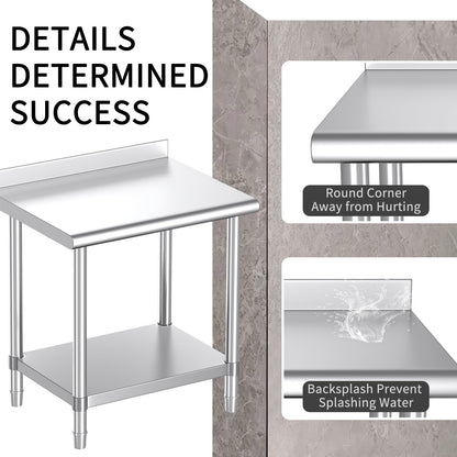 Mioleu Stainless Steel Table, 30 x 24 Inches Commercial Metal Prep & Work Table with Backsplash and Adjustable Undershelf for Kitchen Restaurant Home Garage Warehouse