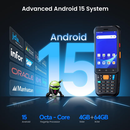 Eyoyo Wireless Android Barcode Scanner: Upgraded Android 15 Handheld Mobile Computer PDA with WiFi Bluetooth Cellular Connection, 4" Touch Screen & Keypad, GPS 1D/2D/QR Warehouse Inventory Scanner