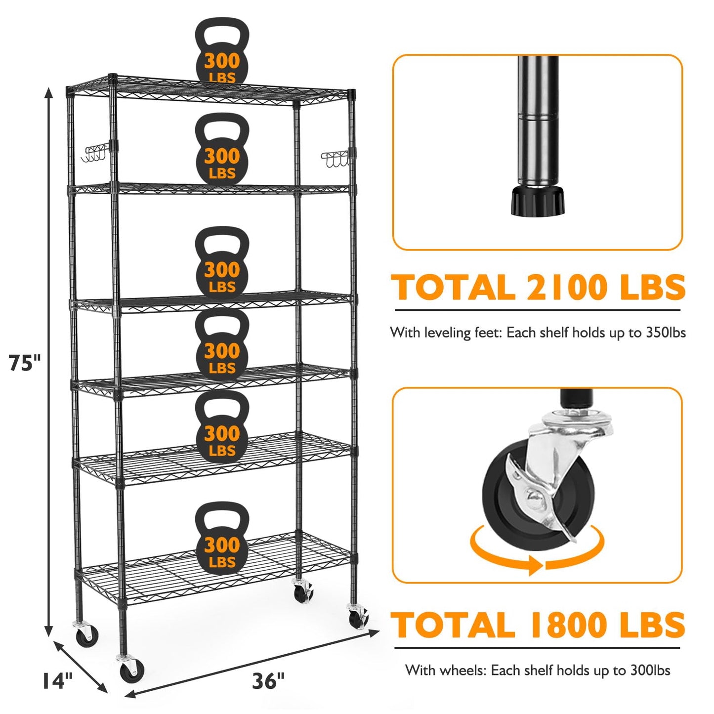 BolDuck 6 Tier Storage Shelves with Wheels, 2100lbs Capacity Heavy Duty Shelving Units, 14x36x75inch Adjustable Metal Shelf Wire Shelving Rack for Garage, Kitchen, Office, Black