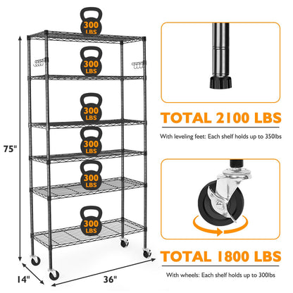 BolDuck 6 Tier Storage Shelves with Wheels, 2100lbs Capacity Heavy Duty Shelving Units, 14x36x75inch Adjustable Metal Shelf Wire Shelving Rack for Garage, Kitchen, Office, Black