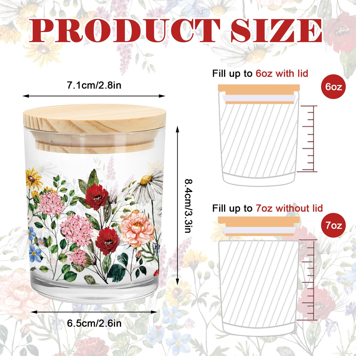 Whaline 12Pcs Wildflower Empty Candle Jar with Wooden Lid 7 oz Spring Floral Glass Candle Container for Candles Making Storing Kitchen Table Centerpiece Decoration