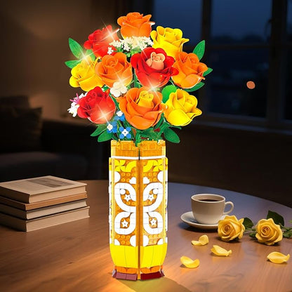 Flower Bouquet Building Set with Vase &amp LED Light Yellow Orange and Red Roses 3.6MM Mini Building Blocks Gifts for Women/Girlfriend/Wife Small Fake Flowers for Home Office Decor