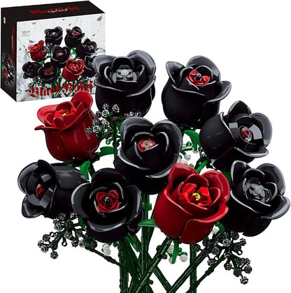 ENJBRICK 12 Pack Gothic Black Roses Building Set Compatible with Lego Red &amp Black Flower Bouquet with Baby's Breath Unique Romantic Gifts for Women Aesthetic Home Decor