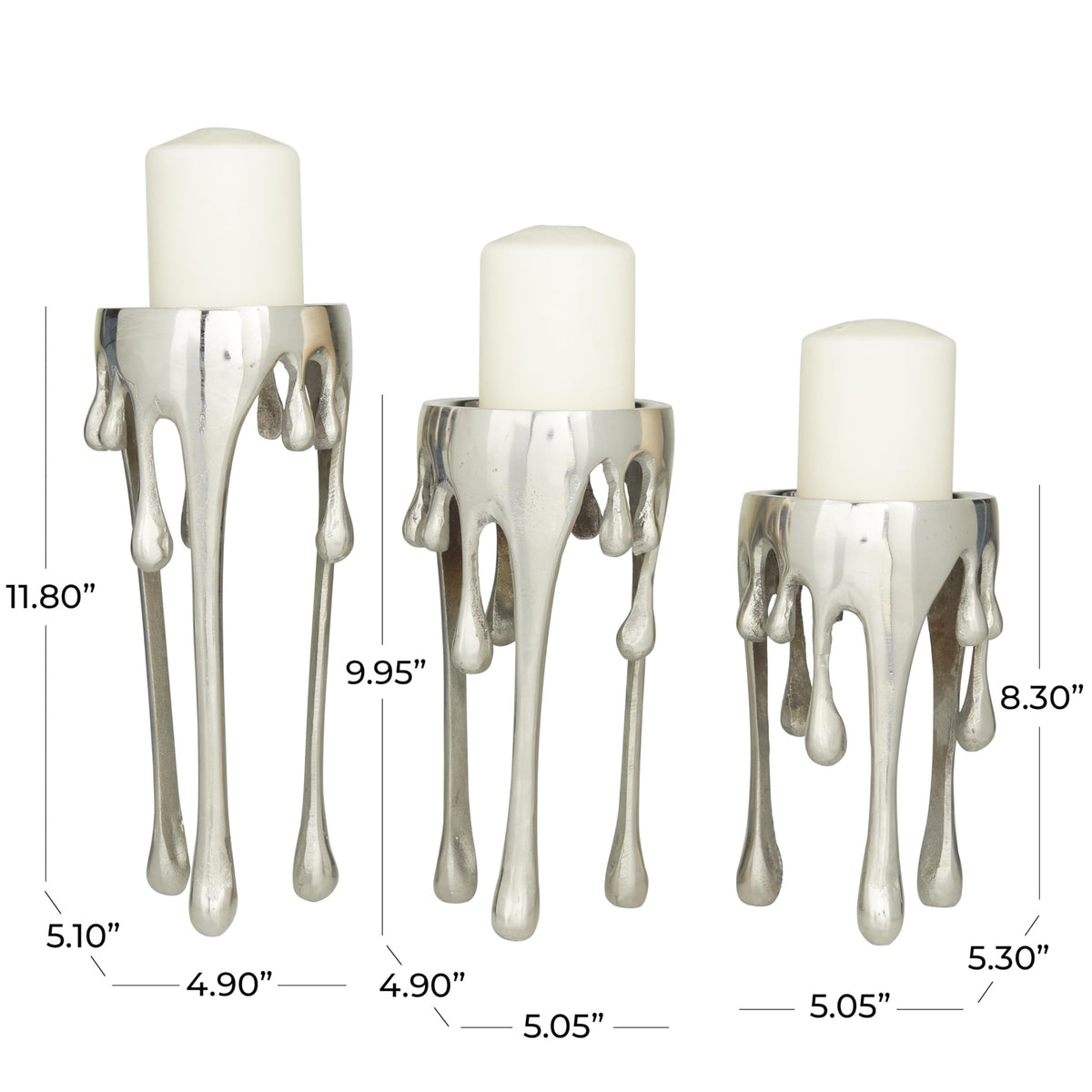 CosmoLiving by Cosmopolitan Aluminum Metal Abstract Decorative Candle Holder Melting Drip Candle Stand, Set of 3 Candlestick Holder 12", 10", 8"H, Silver