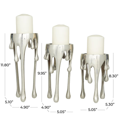 CosmoLiving by Cosmopolitan Aluminum Metal Abstract Decorative Candle Holder Melting Drip Candle Stand, Set of 3 Candlestick Holder 12", 10", 8"H, Silver