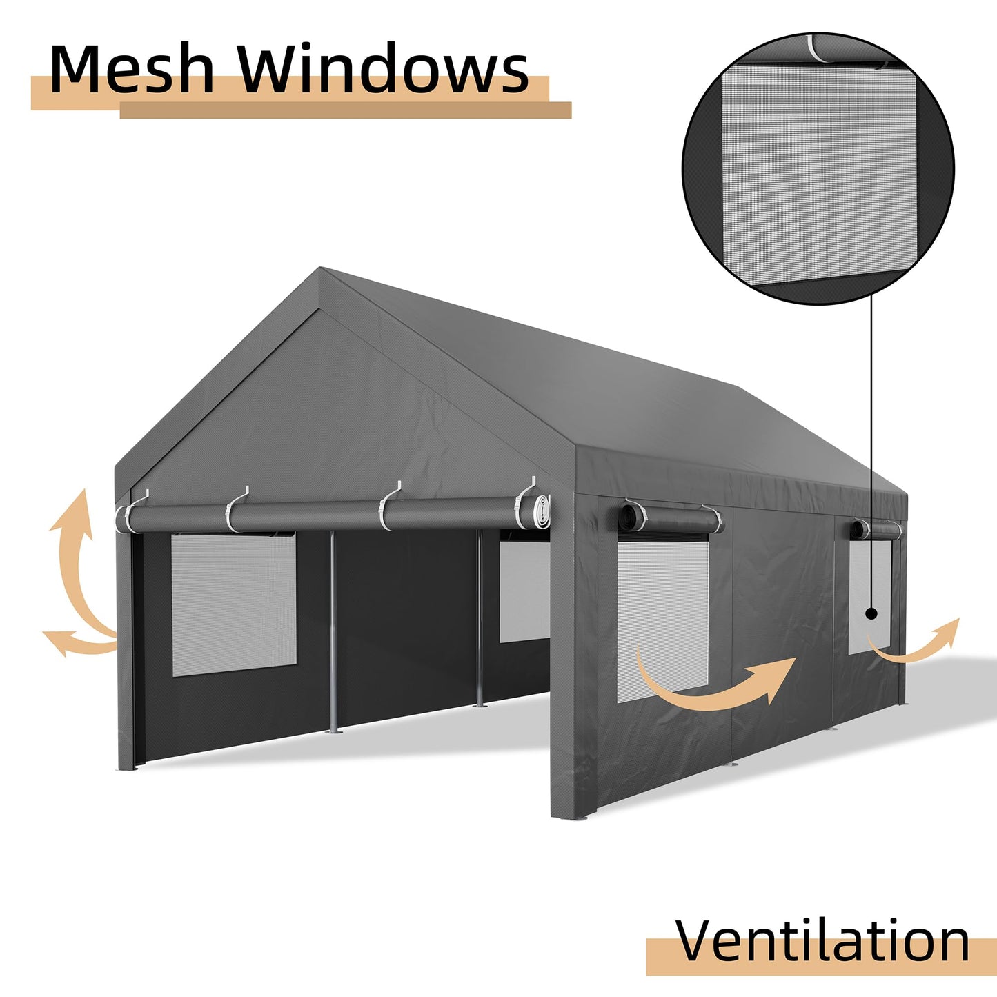 JY QAQA Carport, 12x20 FT Heavy Duty Carport with Removable Side Walls and Doors, Portable Garage with Roll-Up Window and Sandbags, Car Canopy with All-Season Tarp for Cars, Trucks, Boats, Grey