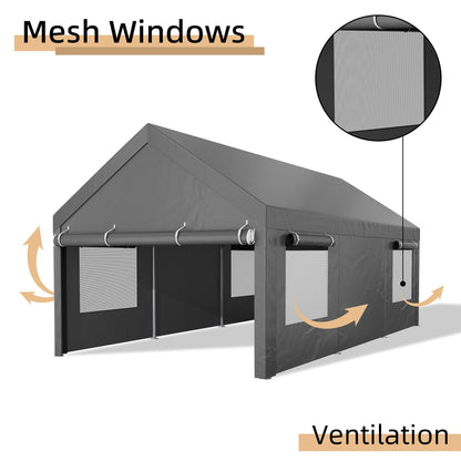 JY QAQA Carport, 12x20 FT Heavy Duty Carport with Removable Side Walls and Doors, Portable Garage with Roll-Up Window and Sandbags, Car Canopy with All-Season Tarp for Cars, Trucks, Boats, Grey