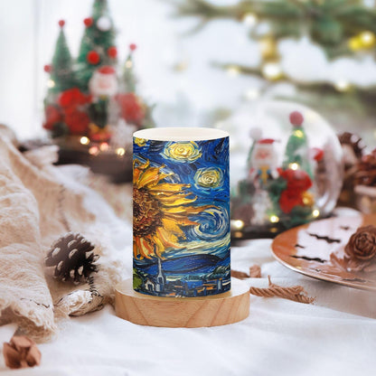 ALAZA Oil Painting Starry Night Sunflower Flickering Flameless Candles Pillar Led Candles Battery Operated Candles with Remote and Timers Set of 2