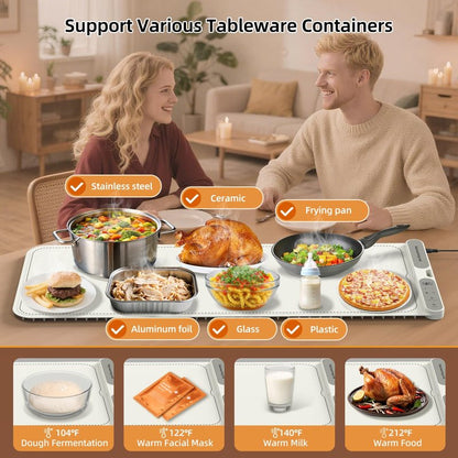 Budsom Food Warming Mat - 8s Fast Heating Electric Warming Tray with 7-Level Temperature & 8-Hour Timer, Roll-Up Portable Food Warmer for Home Dinner, Party, Travel, Outdoor Picnic (Extra Large)