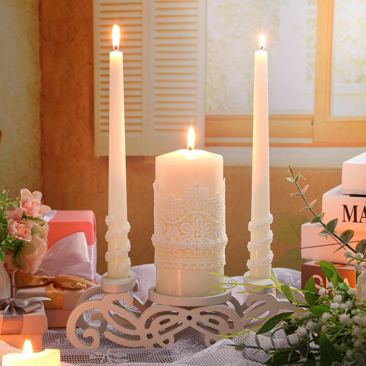 Irenare Unity Candles with Holder for Wedding Ceremony Wedding Decortions Accessories Glass Candle Holder Pillar Candle for Formal Events Church(Stylish Style)