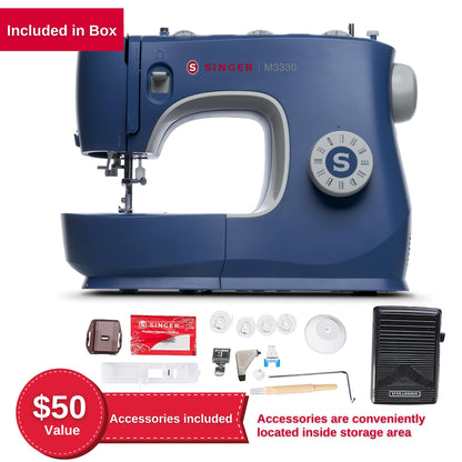 SINGER® M3330 Navy Blue Sewing Machine with Accessory Kit | 23 built-in Stitches Deliver 97 Stitch Applications | 1-Step Buttonhole, Free Arm, LED Light | Simple & Easy To Use, Perfect For Beginners