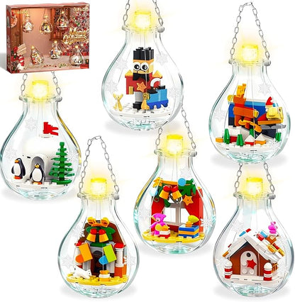 6 Pack Christmas Tree Bulb Ornament with Light Building Set Including Gingerbread House Penguin House Christmas House Fireplace Nutcracker Reindeer Stocking Stuffer Toy Gifts for Kids.(405PCS)