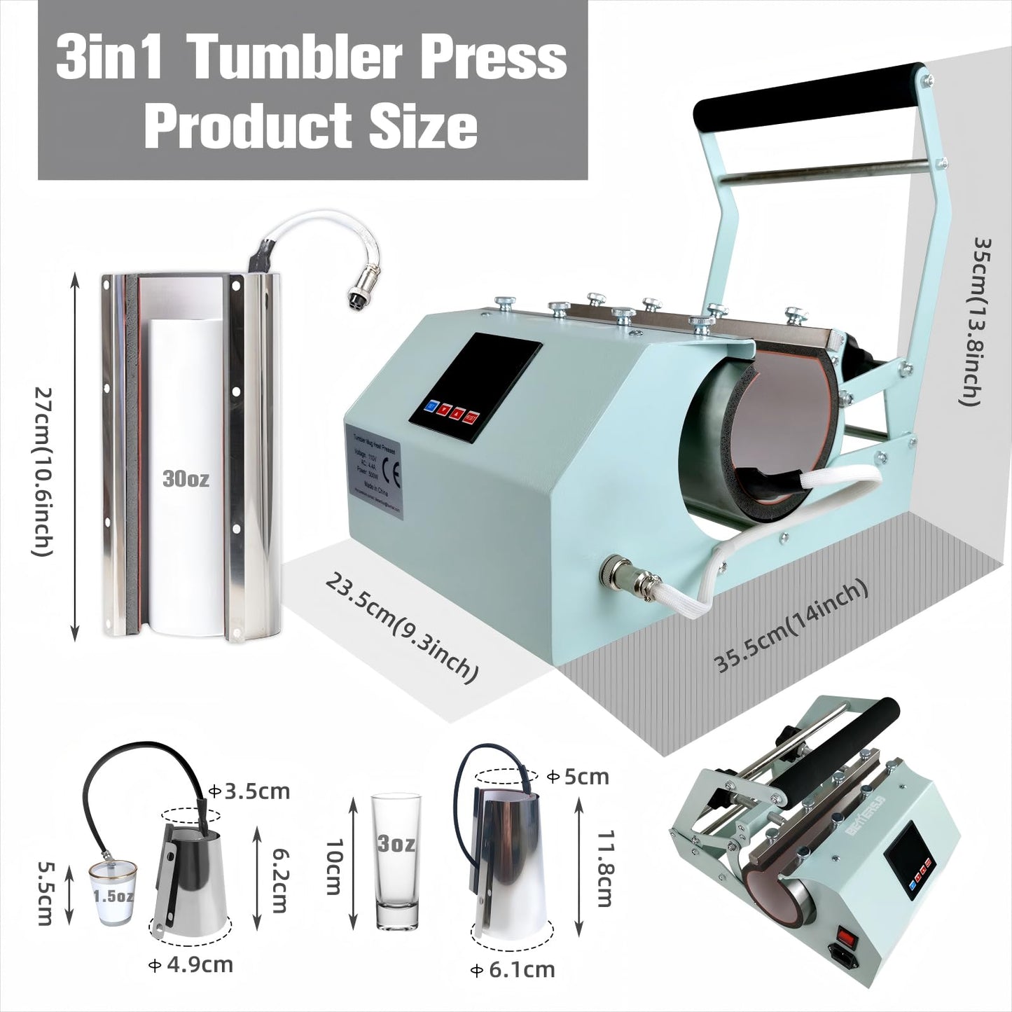 BetterSub 3in1 Tumbler Mug Heat Press Machine 30 OZ 20 OZ 16 OZ Sublimation Straight Skinny Tumbler Mug 3 OZ 1.5 OZ Shot Glass,11 OZ 15 OZ 16 OZ Sublimation Mug Heat Transfer (3in1 Teal)