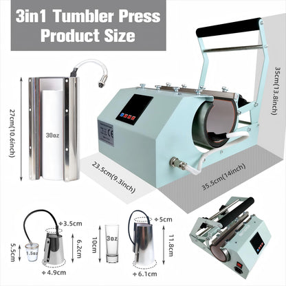 BetterSub 3in1 Tumbler Mug Heat Press Machine 30 OZ 20 OZ 16 OZ Sublimation Straight Skinny Tumbler Mug 3 OZ 1.5 OZ Shot Glass,11 OZ 15 OZ 16 OZ Sublimation Mug Heat Transfer (3in1 Teal)