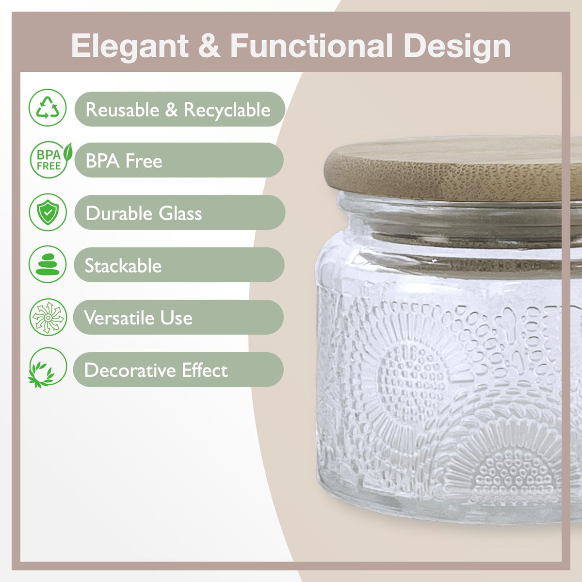 LINGSHINE 4 oz Decorative Mini Glass Jars with Bamboo Lids (24 pack, 4 Colors)
