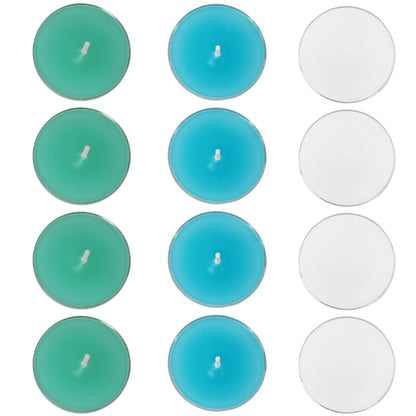 Scented Tea Light Candles 12 Pack Hand Poured 3 Color Smokeless 4 Hours Clean Burning Small Round Clear Cups Tealight Candles for Romantic Dinners Wedding Centerpieces Cozy Evenings