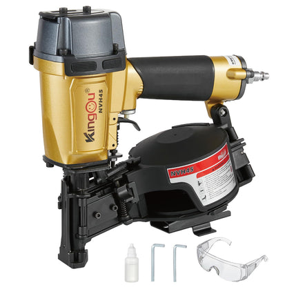 Kingou NVH45 Roofing Nailer Gun For Roofing Constructions Accepts 7/8-Inch to 1-3/4-Inch Nails 15 Degree With 3/8 NPT Air Connector 120-pcs Load Capacity Roofing Nailer