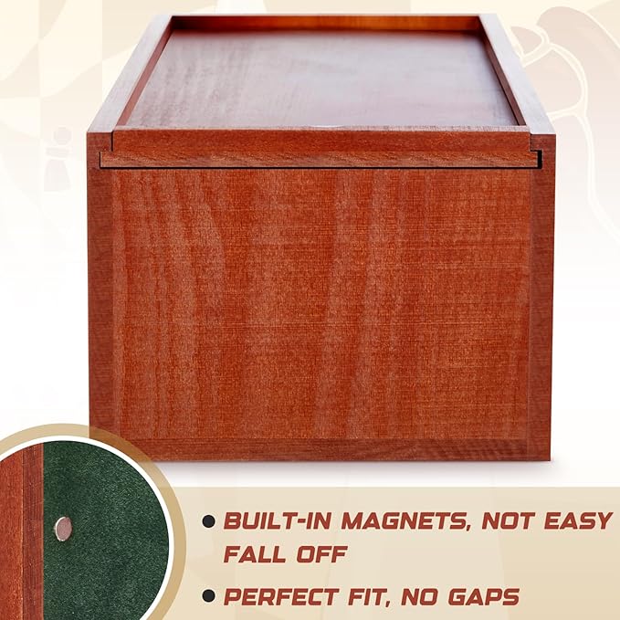 Heavy Slide-top Chess Pieces Storage Box Wooden Case Only 12.5 x 5.5 x 4 Inches with Flannel Lining with 2 Large Storage Compartments Hold a Set of Chess Pieces from 3.0 to 4.4