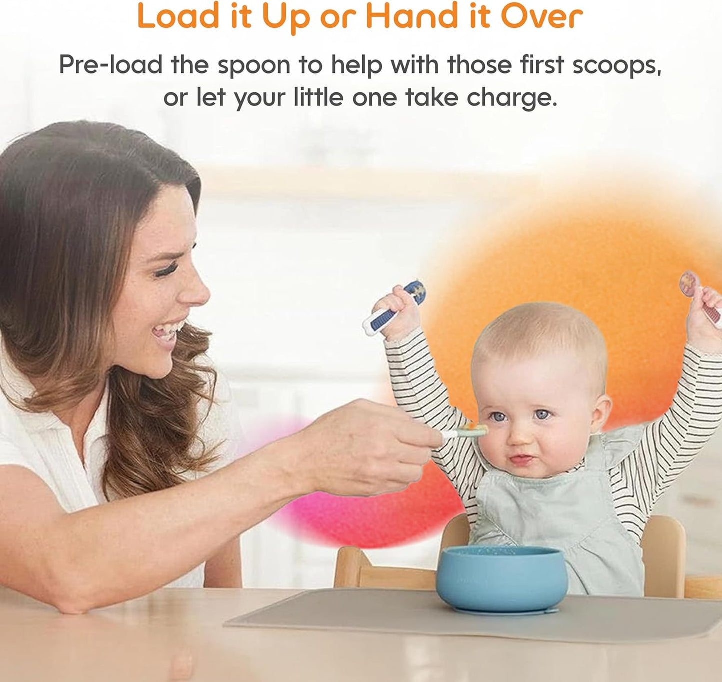 NumNum Baby Spoons Set - Silicone Self-Feeding Utensils for Baby Led Weaning | BPA-Free, 2 Pack Blue/Yellow, 6+ Months