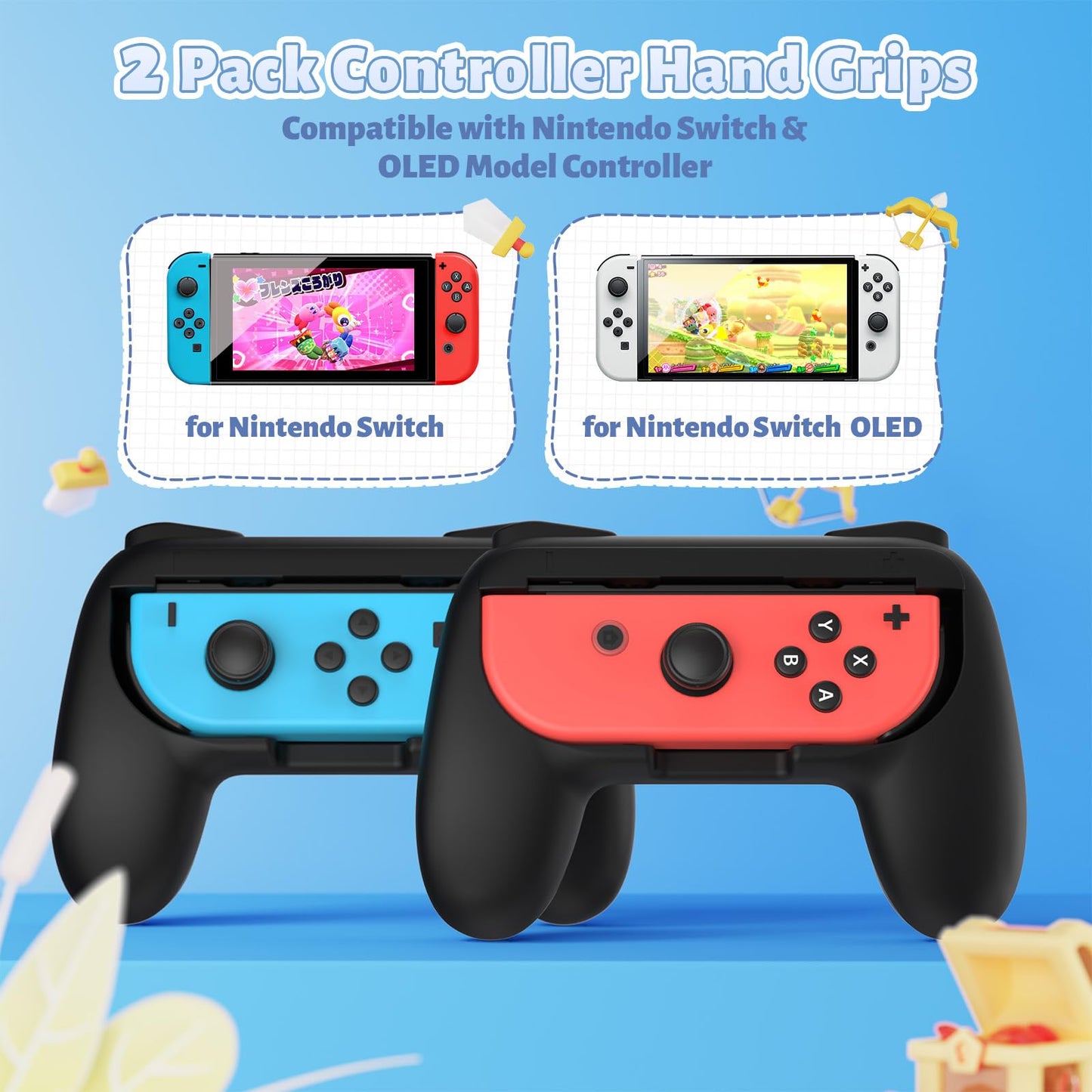 FASTSNAIL Grips for Nintendo Switch Joy-Con, Wear-resistant Handle Kit for Switch Joy Cons Controller, 2 Pack (Black)