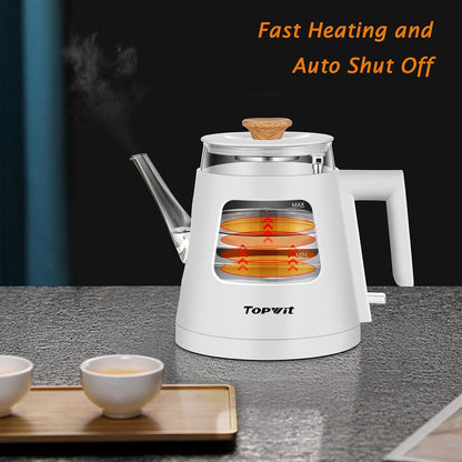 TOPWIT Electric Kettle, 1.0L Electric Tea Kettle with Removable Stainless Steel Infuser, BPA-Free Electric Glass Kettle with Window, Double Wall Water Warmer, Gooseneck, Auto-shut Off, White