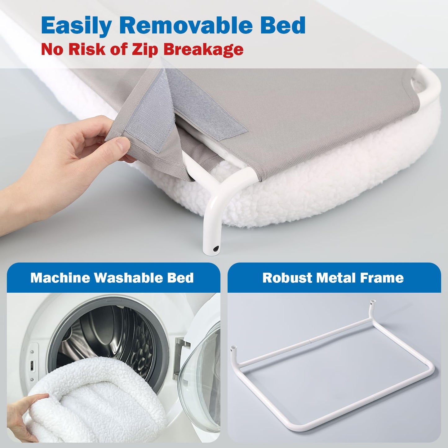 Zakkart Foldable Cat Hammock for Window - Cordless, Embeded Machine Washable Bed, Robust Metal Frame - Cat Window Perch for Large Cats and Kittens (White Bolster Bed, Medium)