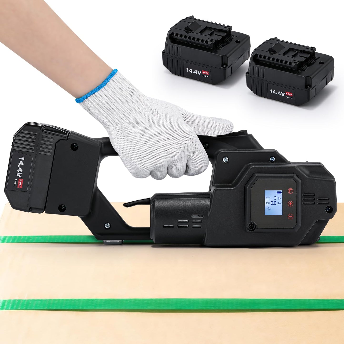 Flyrivergo Electric Strapping Machine 2 x 4000mAh Battery, Patented Easy-Repair Design & Tool Kit Included, with Real LCD Screen, for Industrial 1/2-5/8in PP PET Straps Automatic Strapping Tool