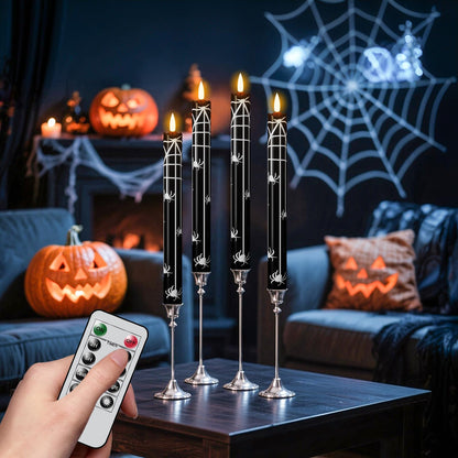 Eldnacele Halloween Flameless Flickering Taper Candles with Remote and Timer, Battery Operated Spider Web Decal Real Wax Black LED Window Candles Set of 4 Table Centerpiece Horror Halloween Decor