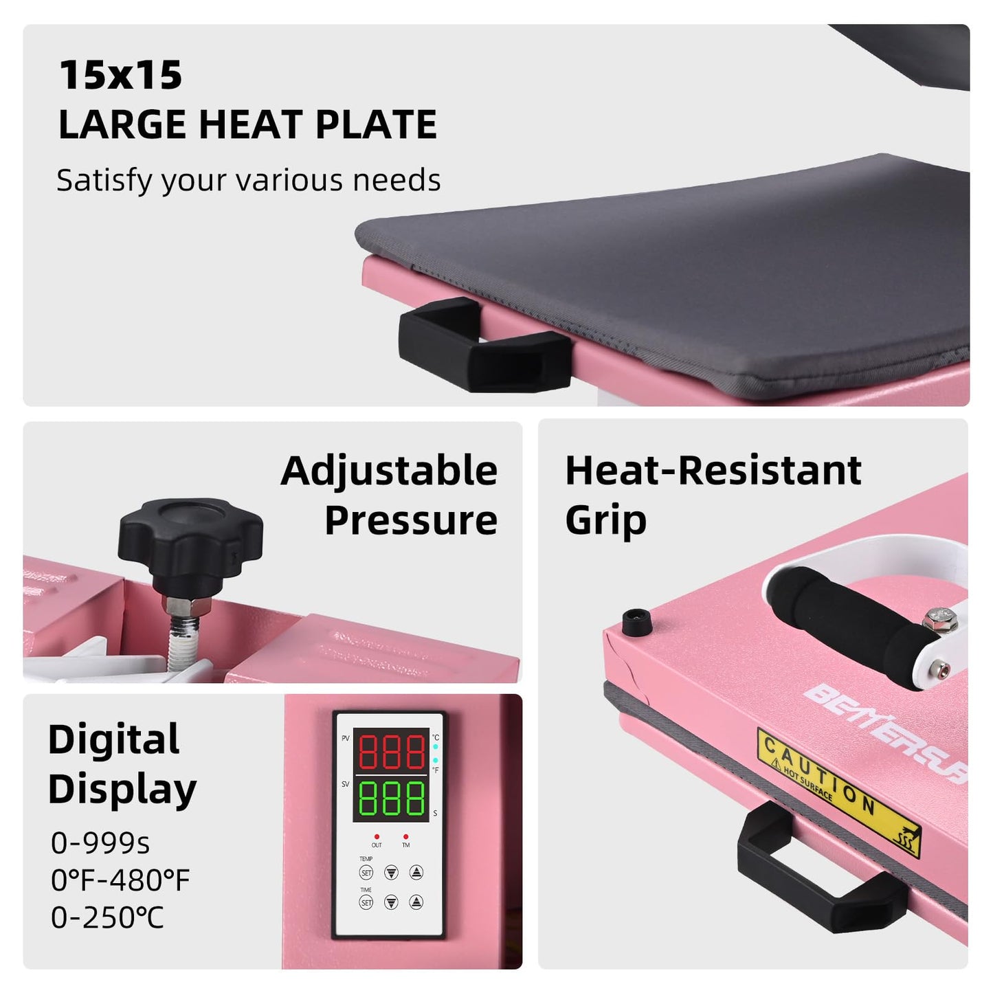 BetterSub Industrial 15"x15" Clamshell Heat Press Machine for T-Shirts, Sublimation, Vinyl & HTV - Digital Control, Non-Stick Teflon Plate, Safety Features for DIY/Home/Business (Pink)
