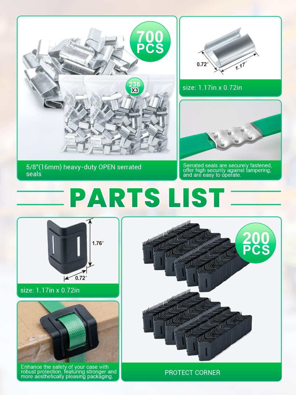 Hugbow Banding Strapping Kit, Heavy Duty Pallet Packaging Kit with >1500lbs 5/8" x 2200' PET Strapping Roll, 700 Metal Seals, 200 Corner Protectors, Strapping Tensioner, Banding Sealer Tool