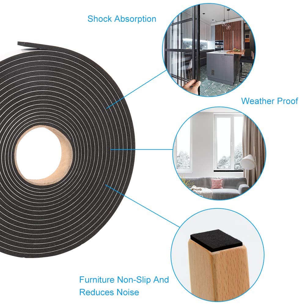 Seal Foam Tape,1/2 Inch W x 1/8 Inch T Weather Stripping for Door and Window,High Density Single Sided Closed Cell Door Insulation Weather Strip, 3 Rolls Total 50FT Black