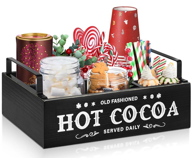 Hot Chocolate Bar Organizer with Handle, Farmhouse Hot Bar Supplies for Chocolate Maker, Countertop Wood Coffee Station Organizer Decorative Storage Bins, Cocoa Lovers Gift