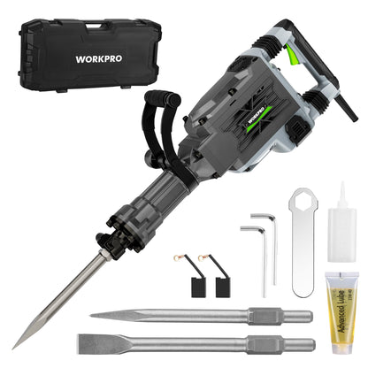 WORKPRO 60 J Demolition Jack Hammer – 15A Heavy Duty Electric Concrete Breaker, 1900 BPM Industrial Jackhammer with 2 HEX30 Chisels, UL Plug, Wheeled Carry Case for Construction & Renovation