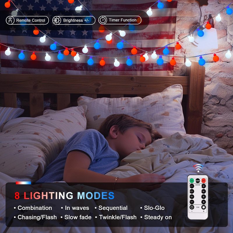 JMEXSUSS Red White and Blue Lights Battery Operated, 33ft 4th of July Lights Outdoor Waterproof, 100 LED String Light for Independence Day Memorial Patriotic Day Decor