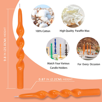 Spiral Taper Candles Set of 4, 10 Inch Orange Handmade Candle Stick, Unscented Tapered Candles, Twisted Candles for Wedding Dinner Table Home Decor Gift