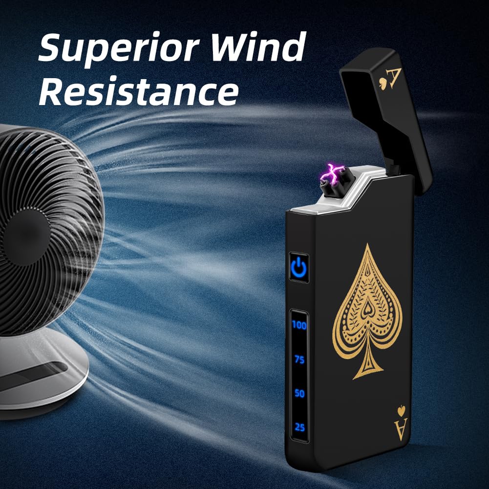 LcFun Electric Lighter Rechargeable USB, Dual Arc Plasma Lighter, Windproof Flameless Electronic Lighters, Pocket Metal Lighters with LED Battery Indication for Candles, Camping (Black Ace)