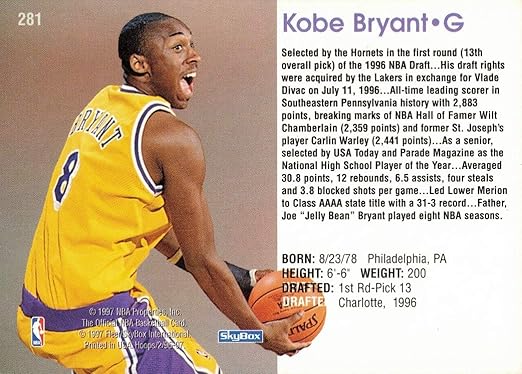 1996-97 NBA Hoops Skybox Basketball #281 Kobe Bryant Rookie Card Lakers