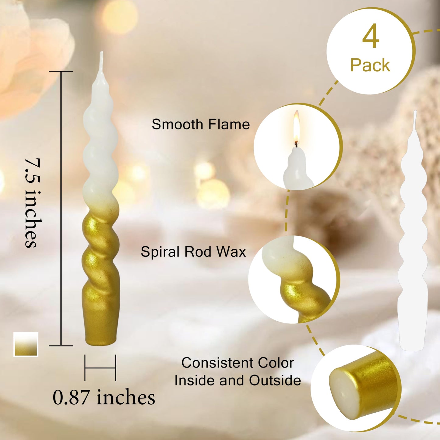 Christmas Spiral Candles Gold Taper Candles -7.5 in Unscented Candlestick for Winter Gift Holiday Christmas Home Decoration Candles, 4 Pack