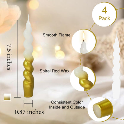 Christmas Spiral Candles Gold Taper Candles -7.5 in Unscented Candlestick for Winter Gift Holiday Christmas Home Decoration Candles, 4 Pack