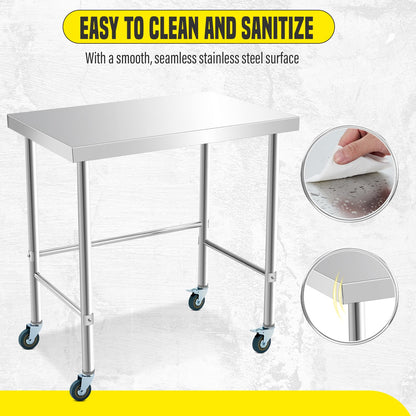 GarveeTech Stainless Steel Table Without Bottom Shelf 60x24 in with Wheels, Commercial Home Kitchen Prep Work Table with Open Base