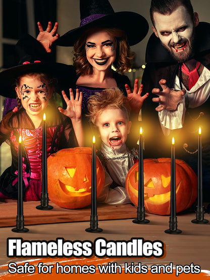 Alphatool Black Halloween Flameless Candles with Timer & Bases - 12 Pack 13 in LED Flickering Taper Candlesticks Battery Operated, Smokeless Dripless for Fireplace Table School Bar Halloween Decor