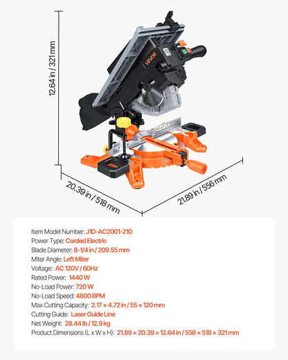 VEVOR Compound Miter Saw, 8-1/4 inch Blade, 2-in-1 Miter/Table Saw, with Precision Laser Alignment, Adjustable Angles, 4800 RPM, with Splash Guard, for Cutting Wood, Metals, Laminates, and Plastic