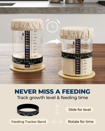 Lorzon Sourdough Starter Jar Kit - 47 oz Large Wide Mouth Bread Starter Jar with Feeding Tracking Band, Silicone Spatula, Sourdough Bread Baking Supplies