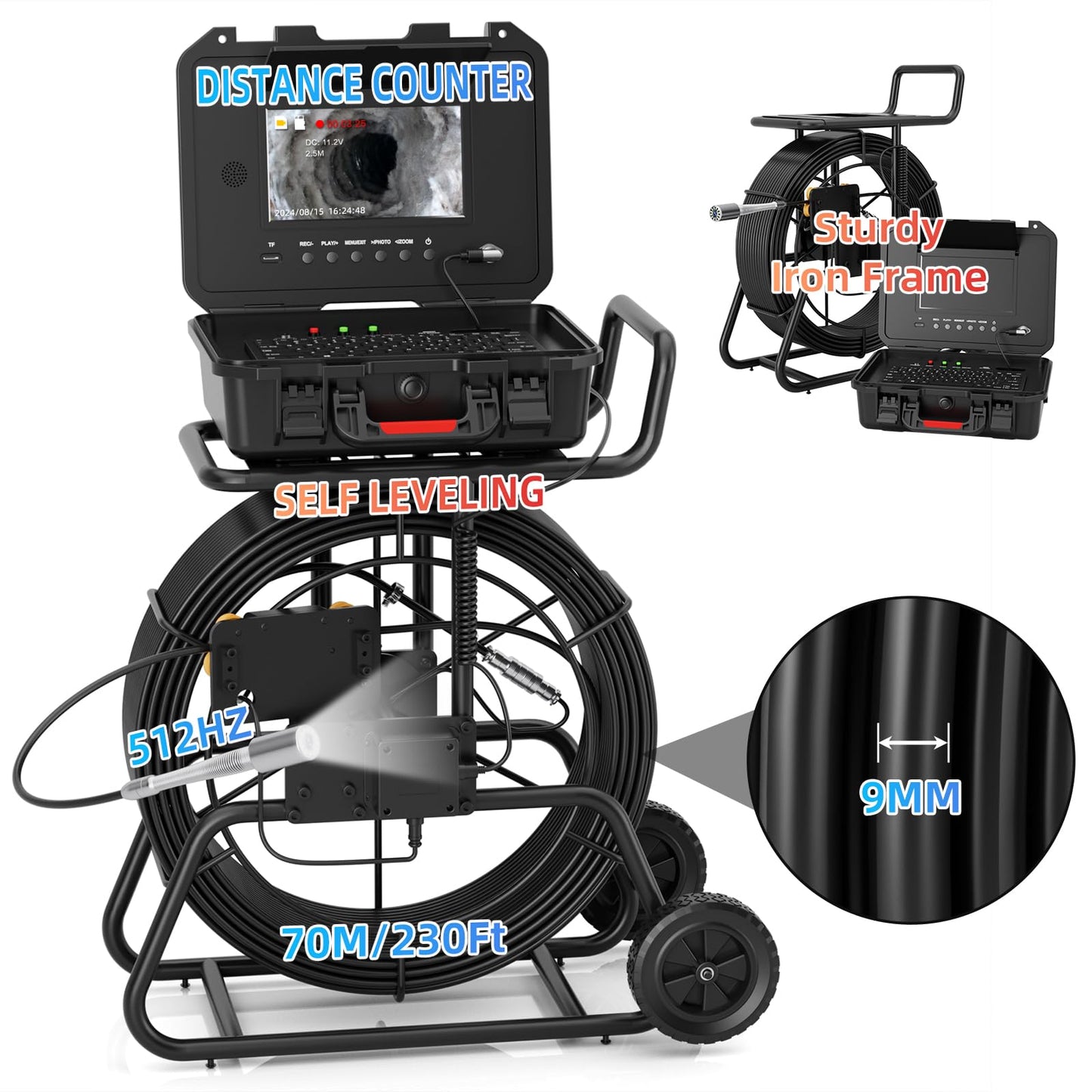 Sanyipace Sewer Camera 230FT/70M with 512Hz Transmitter, Self-Leveling, Drain Plumbing Pipe Inspection Camera with Mic Speaker, DVR Recorder, 16GB TF Card, 9mm Rigid Cable, Pipe Pulley Guide Wheel