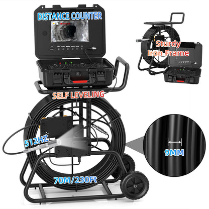 Sanyipace Sewer Camera 230FT/70M with 512Hz Transmitter, Self-Leveling, Drain Plumbing Pipe Inspection Camera with Mic Speaker, DVR Recorder, 16GB TF Card, 9mm Rigid Cable, Pipe Pulley Guide Wheel