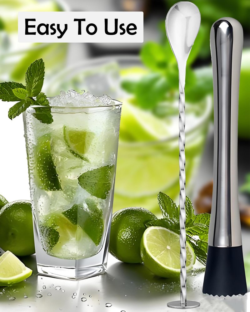 Stainless Steel Cocktail Muddler & Mixing Spoon Set — 10 Inch Bar Tool Kit for Home Bartenders, Ideal for Mojitos, Margaritas, Mint & Fruit Cocktails, Silver