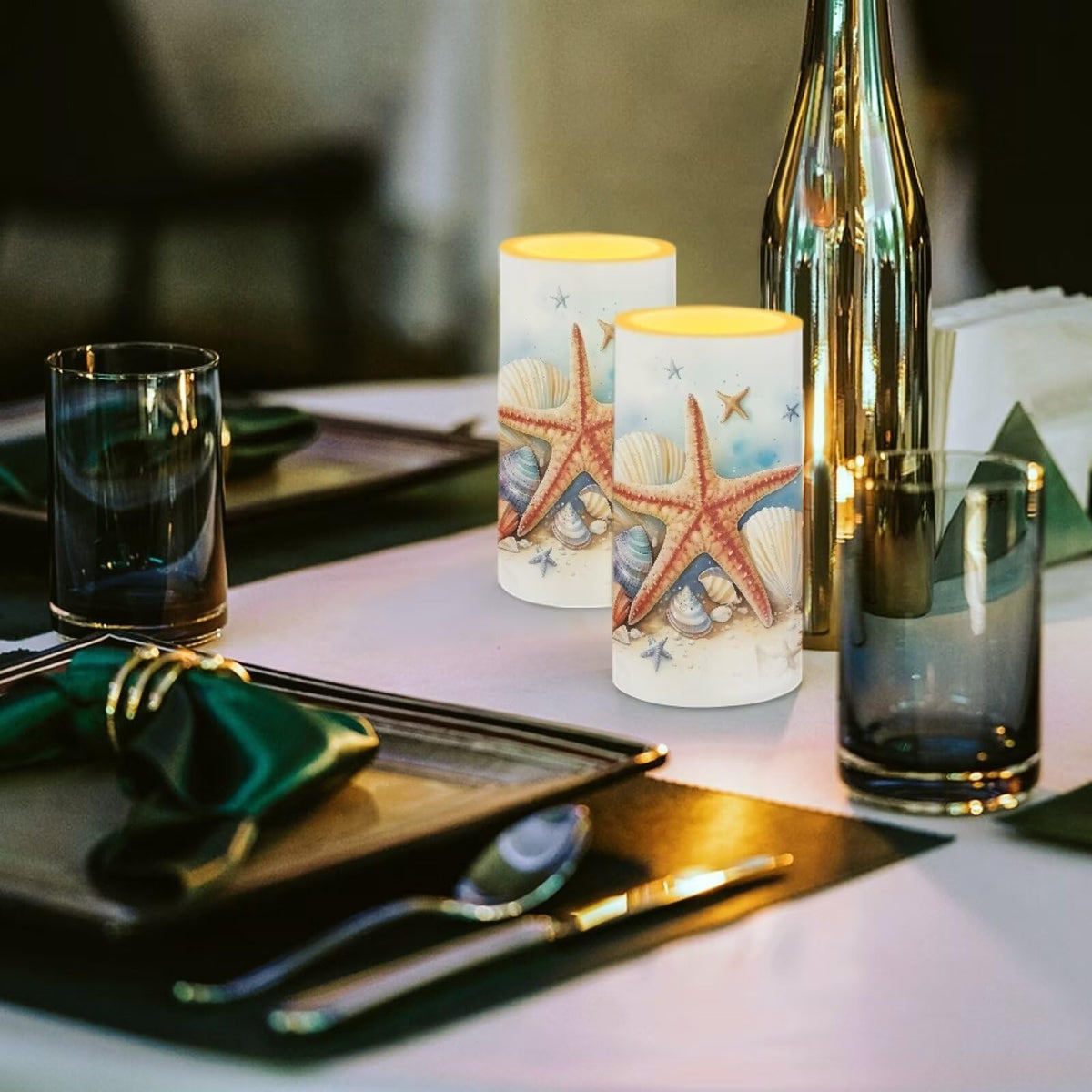 NETILGEN Flameless Candles LED Battery Operated Candles with Realistic Set of 2 with 18 Key Remote Control Timer Pillar Candle for Coastal Home Decoration, Starfish Seashell Retro