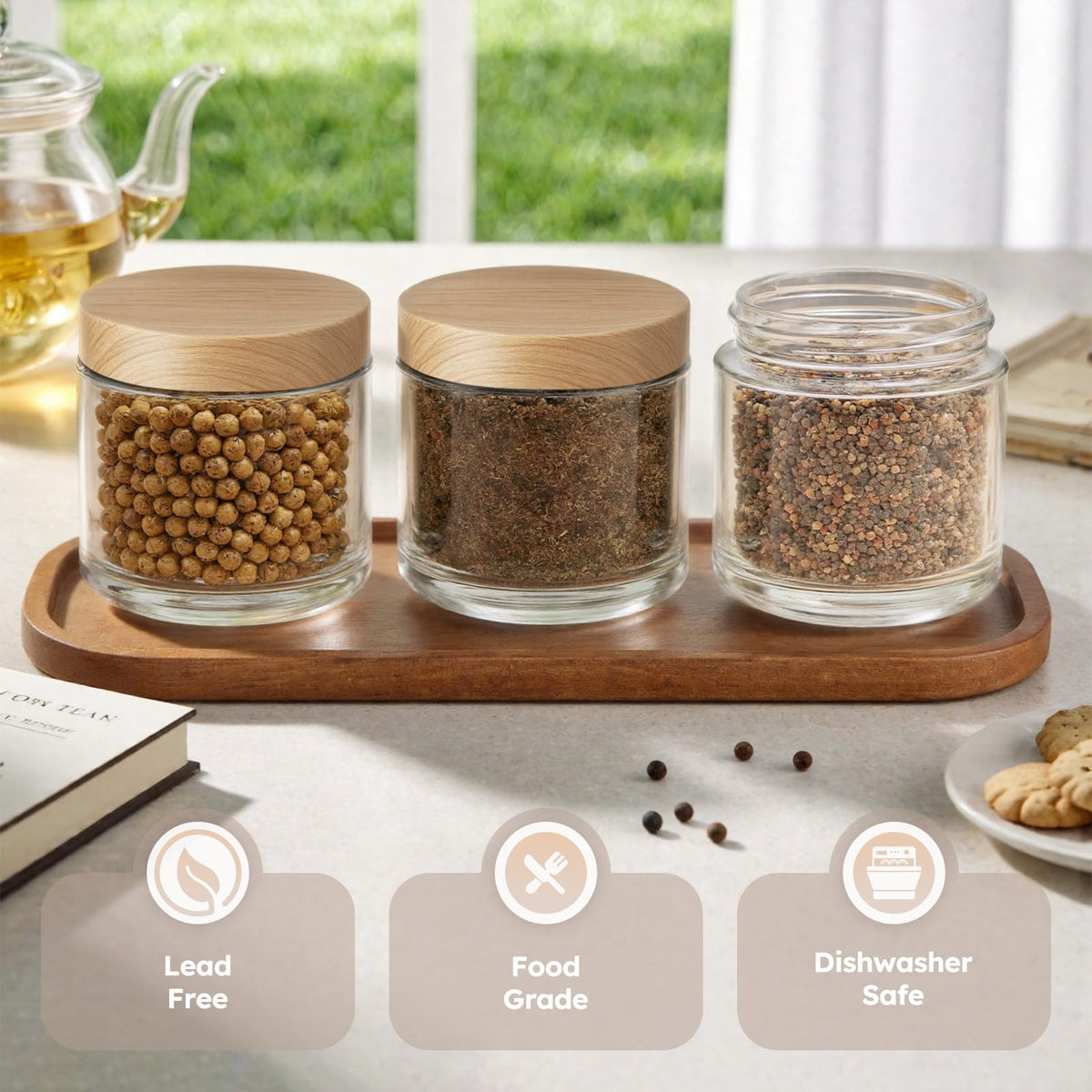 4 oz Glass Jars with Lids, 24 Pack Clear Small Glass Jars with Woodgrain Lids Leakproof Round Airtight Empty Cosmetic Travel Containers with Inner Liners For Lotions Powders and Candle Making
